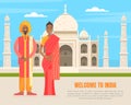 Welcome to India Banner Template, Indian Couple Wearing Traditional Costume Standing in front of Taj Mahal Building Royalty Free Stock Photo