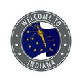 Welcome to Indiana. Gray stamp with a waving state flag.