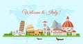 Welcome to Italy flat banner vector template. Famous italian architectural landmarks cartoon illustration with text