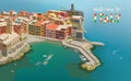 Welcome to Italy greeting card pseudo isometric 3D panorama of the beautiful seaside of Vernazza village, Italy