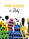 Welcome to Italy. Travel agency banner. Food tour concept.Vector illustration. Different italian landmarks and food.