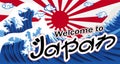 Welcome to japan banner with wave rising sun flag