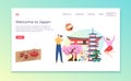 Welcome to japan country landing web banner, european travel male character explore asian landmark attraction flat Royalty Free Stock Photo