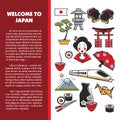 Welcome to Japan Japanese symbols banner traveling and tourism Royalty Free Stock Photo