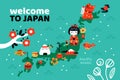 Welcome to Japan. Map with traditional elements. Cultural attraction. Invitational travel banner. Lucky items and food