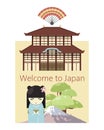 Welcome to Japan poster, banner vector illustration. Japanese geisha character in kimono clothing. Traditional Japan Royalty Free Stock Photo