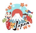 Welcome to japan. Tourist invitation banner, cultural symbols country, decorative lucky toys, daruma, maneki cat and