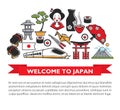 Welcome to Japan travel poster of Japanese culture famous sightseeing landmarks and attractions icons Royalty Free Stock Photo