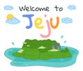 Welcome to Jeju island in South Korea, poster or banner, traditional landmarks, symbols, traveling