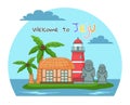 Welcome to Jeju island in South Korea, poster or banner, traditional landmarks, symbols, popular place