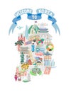 Welcome to Korea blue ribbon poster with map and hand drawing symbols icon