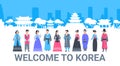 Welcome To Korea People In Traditional Costumes Over Palace Famous Korean Landmarks Silhouette Tourism Poster