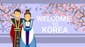 Welcome To Korea Poster, Korean Coupe In National Costumes Over Blooming Sakura Tree
