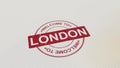 WELCOME TO LONDON stamp red print on the paper. 3D rendering