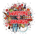 Welcome to London vector illustration with England urban elements, icons - big ben, london tower, bus, taxi, post box