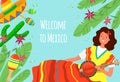 Welcome to mexico design, vector illustration, mexican woman character in traditional clothes, spanish culture party