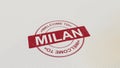 WELCOME TO MILAN stamp red print on the paper. 3D rendering