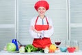 Welcome to my culinary show. Woman pretty chef wear hat and apron. Uniform for professional chef. Lady adorable chef