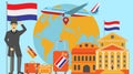 Welcome to Netherlands postcard. Travel and safari concept of Europe world map vector illustration with national flag Royalty Free Stock Photo