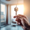 Welcome to new house, Close up of young man hand hold bunch of keys