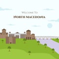 Welcome to North Macedonia vector flat illustration with famous building landmark such as St. John the Theologian, Samoil`s