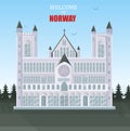 Welcome to Norway card Vector. Architecture of cathedral tourist atractions