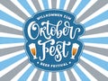 Welcome to Oktoberfest Beer festival background. Vector illustration. Hand drawn lettering, sunburst in white blue colors Royalty Free Stock Photo