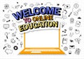 Welcome to online education concept. Laptop with hand-drawn learning element background. Comic and Pop art style. Royalty Free Stock Photo