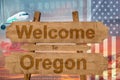 Welcome to Oregon state in USA sign on wood, travell theme