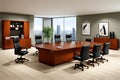 Conference room with meeting table and chairs and panoramic city view, 3D Rendering Royalty Free Stock Photo