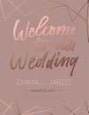 Welcome to our wedding invitation with lettering and abstract elements. Elegant rose gold calligraphy on brown background for eng