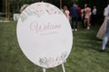 Welcome to our wedding sign in the park Royalty Free Stock Photo