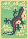 Welcome to paradise floral retro poster with various flowers and colorful gecko lizard Royalty Free Stock Photo