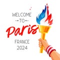 Welcome to Paris, France, 2024. Beautiful golden torch with a blue-white-red fiery flame in his hand. Blazing fire