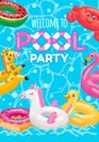 Welcome to pool party with inflatable rings toys Royalty Free Stock Photo