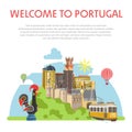 Welcome to Portugal informative poster with ancient architecture