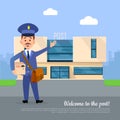 Welcome to Post Banner. Postman Pointing on Office Royalty Free Stock Photo