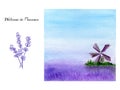 Welcome to Provence watercolor cover, lavender field illustration, lavender doodle hand drawn bunch and Welcome to Provence text