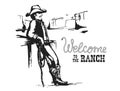 Welcome to the ranch. American Cowboy on wild west sunset landscape