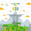 Welcome to Rio, Jesus statue in country Brazil, South America flat vector illustration. Background of mountain, forest