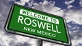 Welcome to Roswell New Mexico, US City Road Sign Close Up Realistic 3D Animation