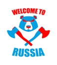 Welcome to Russia. Emblem of angry head bear and axe. Bladed weapons with traditional Russian ornament khokhloma. Aggressive Royalty Free Stock Photo