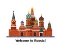 Welcome to Russia. St. Basil s Cathedral on Red square. Kremlin palace isolated on white background - vector stock flat Royalty Free Stock Photo