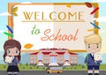 Welcome to school.advertisement with a book, girl and a boy, school, school bus Royalty Free Stock Photo