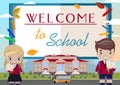 Welcome to school.advertisement with a book, girl and a boy, school, school bus Royalty Free Stock Photo