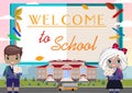 Welcome to school.advertisement with a book, girl and a boy, school, school bus Royalty Free Stock Photo