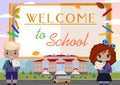 Welcome to school.advertisement with a book, girl and a boy, school, school bus Royalty Free Stock Photo