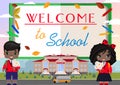 Welcome to school.advertisement with a book, girl and a boy, school, school bus Royalty Free Stock Photo