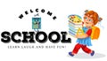 Welcome to school banner, cartoon girl going with pile of books