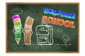 Welcome to school. Welcome to school. A blackboard with pencils and a briefcase. Drawing on the education theme Royalty Free Stock Photo